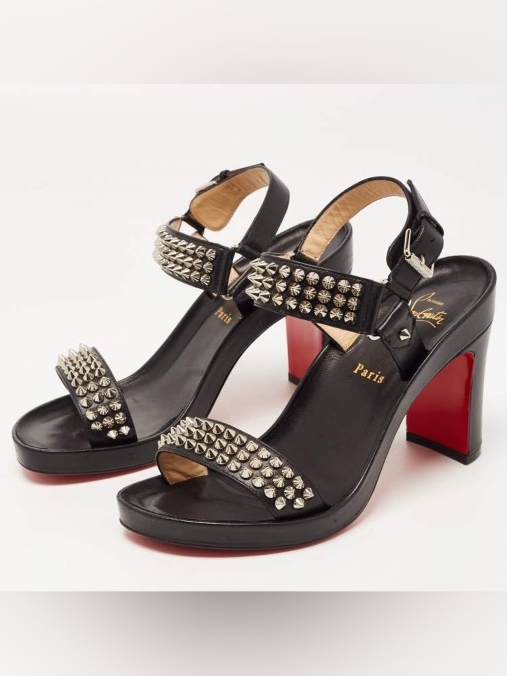 Christian Louboutin Black Leather Block Heel Sandals with Signature Red Soles